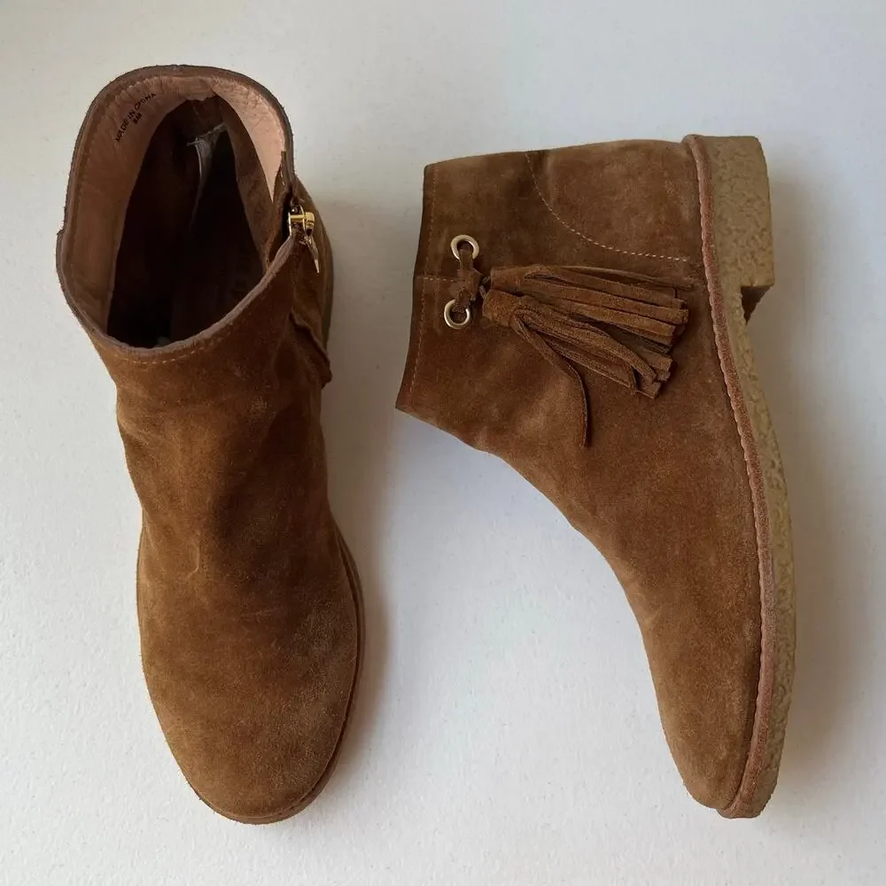 Kate Spade Size 8 Bellamy Ankle Boots Tan Suede Fringe Tassel Side Zip Neutral